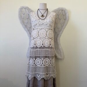 Boho Indie Crochet Duster Vest Layering Knit Cover Up Beige Fairy Hippie Retro